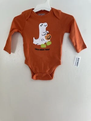 Old Navy Baby Boys Girls Cute Ghost Dino Long Sleeve Bodysuit Orange 3-6M 6-12 M - Image 1 of 3