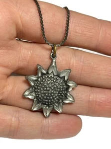 Signed Metal Sunflower Pendant Necklace JMS Silvertone F1573 - Picture 1 of 4