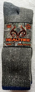 2 Pair Brown Gray Blue Trim REALTREE MERINO WOOL BOOT SOCKS Size Large 9-13 - Picture 1 of 10