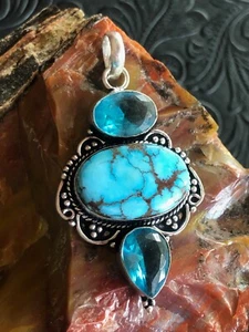 Modern Turquoise and Crystal Accent Pendant 2" Artisan Southwest - Picture 1 of 3
