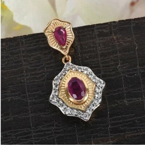 Burmese Ruby and Zircon Pendant in 14K Yellow Gold Over Sterling Silver 1.23 Ct. - Picture 1 of 7