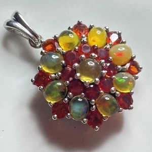 925 Sterling Ethiopian Opal & Hessonite Garnet Cluster Pendant Round 1” 5.5g - Picture 1 of 2