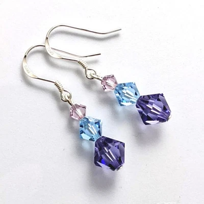 Tanzanite Aqua Crystal Earrings Made with Swarovski Beads Sterling Hooks AUS - image 1 of 4