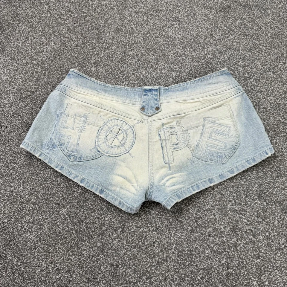Y2K vintage low rise denim mini shorts faded hope slogan patchwork embroidered  - Image 1 of 4