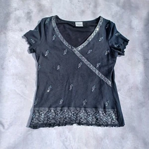Vintage NEXT Sequin T-shirt Womens Size 12 Black Silver Paisley Evening Top 90s - Picture 1 of 7
