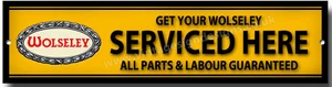 LETRERO METÁLICO WOLSELEY "REVISA AQUÍ TU WOLSELEY". LETRERO DE TALLER. MAN CAVE  - Imagen 1 de 1