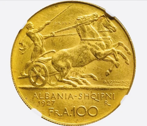 PROVA 1927R ALBANIA COIN ,   100 Franga Ari.  MS 61  ￼ Only 50 Minted . Rear Cover