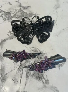Metal Silver Tone Butterfly Spring Barrette + Hair Clip Set Rhinestone 3pcs Flaw - Picture 1 of 10