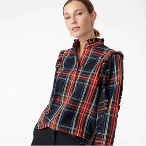 J.Crew Damen klassische Passform Rüschen Popover in Schwarz Stewart Tartan Urlaub XXS - Bild 1 von 12