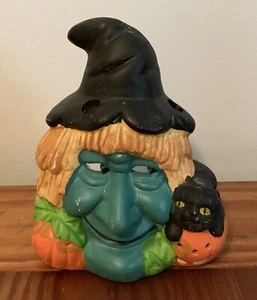 Vintage Halloween Witch Candle Holder Hand Painted Black Cat Jack O Lantern - Imagen 1 de 12