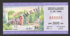 YUGOSLAVIA-LOTTERY-SPECIMEN-COMMUNIST PERIOD-VERY RARE-18 KOLO-VRNJACKA BA-1988. - Picture 1 of 2