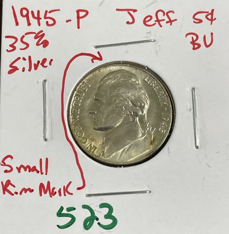1945 P Jefferson Wartime Nickel BU Uncirculated Tone Spots & Rim Mk 35% Silver Cover