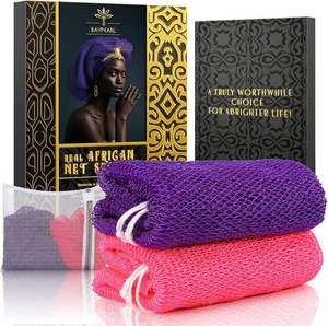 2-Piece African Net Sponge - Real Bath & Body Scrubber for Shower Pink & Purple - Picture 1 of 8