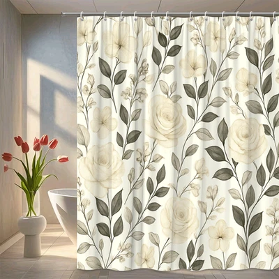 Elegante Cortina de Ducha Floral - Diseño Blanco y Negro para Baño Foto 1 de 4