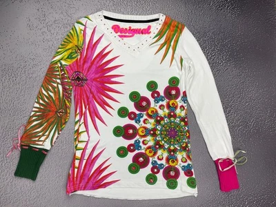 Desigual Women White Floral Geometric Knitted Jumper Size Medium - Image 1 of 4