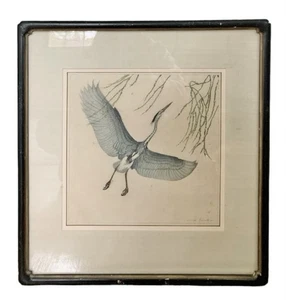 Antique Original Hans Frank “Heron” Bird Color Woodcut Print Circa 1910, Signed - Picture 1 of 5