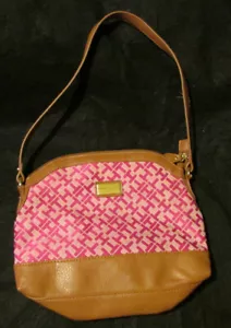 Tommy Hilfiger Signature Shoulder Bag Pink Tan TH Pattern Fabric Brown Leather - Picture 1 of 10