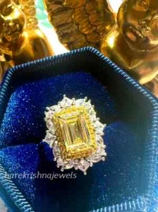 14K 2-Tone Gold Over 3CT Lab Created Emerald Cut Yellow Diamond Halo Women Ring - Picture 1 of 10