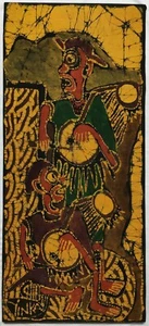 YINKA ADEYEMI (NIGERIANO) ""MUSICISTI CHE SUONANO LA BATTERIA"" FIRMATO VINTAGE BATIK SU TESSUTO - Foto 1 di 21