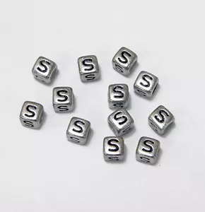 6mm Silver Metallic Alphabet Beads Black Letter "S" 100pc - Picture 1 of 1