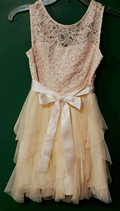 RARE EDITIONS – Girl’s Champagne Lace and Mesh Fit & Flare Dress – Size: 7 - Picture 1 of 9