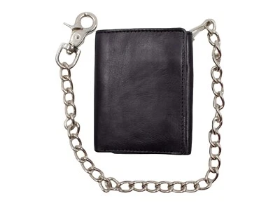 RFID Blocking Vintage Black Genuine Leather Men's Biker Chain Trifold Wallet - Image 1 of 4
