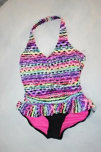 Girls 1 PC Swimsuit MULTI-COLOR STRIPE Geometric HALTER Semi Open Back XL 14-16 - Picture 1 of 2