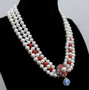 6-7mm Round Natural FW White Pearl Necklace for Women Red Coral 3 Strands 18-19" - Picture 1 of 4