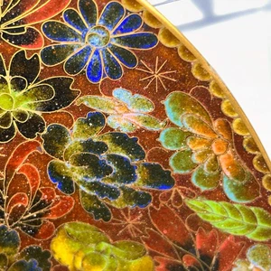 10" Chinesische Cloisonne Emaille Messing Teller Feiertag Farben Herbst Gold Grün Fuß - Bild 1 von 10
