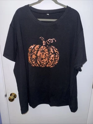 Plus Size 26 4x 5x Black Orange Pumpkin Print Tee Mega Stretch Autumn Fall - Image 1 of 4