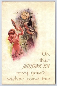 Halloween Woman Shunning Mirror Black Cat Moon Gibson Postcard KB100 - Picture 1 of 2