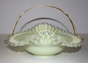 Fenton Ivory Crest Custard Glass Crimped Centerpiece Bowl & Brass Handle, GLOWS! - Picture 1 of 18