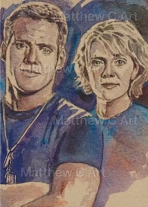 ACEO ORIGINAL - Sketch Card-Cameron Mitchell Samantha Carter - Stargate SG1-w - Picture 1 of 2