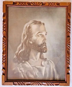 Vintage Jesus Kopf Christi gerahmter Litho Druck Warner Sallman 22x18 geschnitzt Holz - Bild 1 von 8