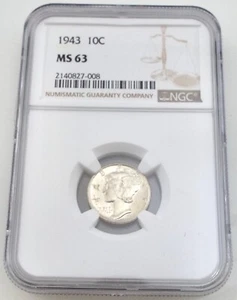 Moneda de diez centavos Mercury 1943 - NGC MS 63 - 10c de Estados Unidos ~ #6651 - Imagen 1 de 4