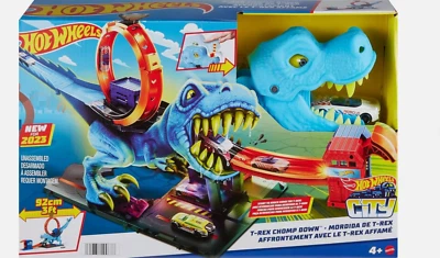 Hot Wheels City T-Rex Chomp Down Track New for 2023 Mattel Blue Dinosaur Dino - Image 1 of 4