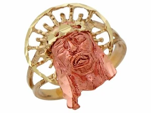 10k or 14k Two-Tone Gold Split Shank Jesus Face with Halo Filigree Ring - Picture 1 of 4