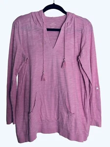 J. Jill Women’s Roll Tab Sleeve Pink Knit Hoodie White Pull Over Top Size Small - Picture 1 of 3
