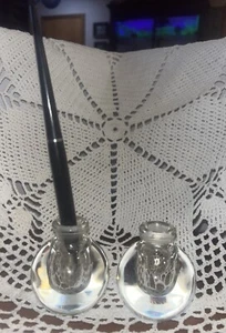 Vintage Pair Heavy Glass Ink Wells With 1 Calligraphy Pen (Esterbrook Pen) - Picture 1 of 10