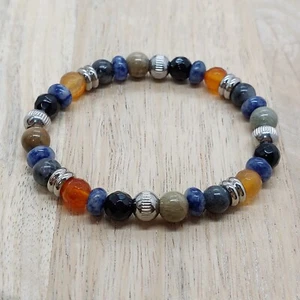 Blue Jasper, Agate, Labradorite, Carnelian Gemstone Beads Men's Stretch Bracelet - Picture 1 of 4
