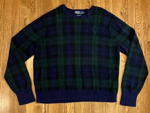 Polo Ralph Lauren Men's Tartan Plaid 100% Cotton Sweater Navy Blue Green XL - Picture 1 of 10