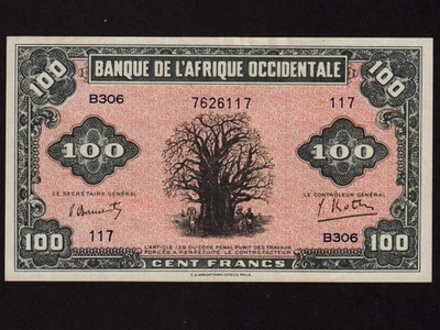 French West Africa:P-31a, 100 Francs, 1942 * Baobab Tree * EF * - Image 1 of 2