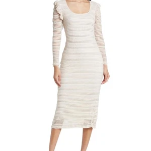 dRA Los Angeles Cream Beige Crochet Striped Midi Dress Ruffle Sleeves Large - Picture 1 of 5