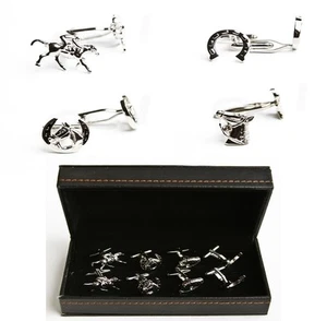 Horse Jockey Horseshoe Bridle 4 Pairs Cufflinks Wedding Fancy Gift Box - Picture 1 of 6