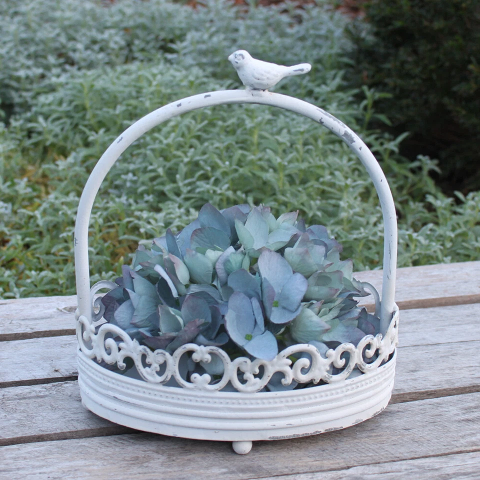 Vintage Oval Deko Metall Henkel Korb Vogel Weiß Landhaus Dekokorb Metallkorb  - Bild 1 von 3
