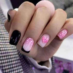 Long Square False Nails Black Love Heart Press on Nails Nail Tips Women Girls - Bild 1 von 19