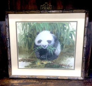VTG British Artist  SIGNED R. HALL   ORIGINAL Oil PAINTING  Panda Bear Bamboo - Picture 1 of 10