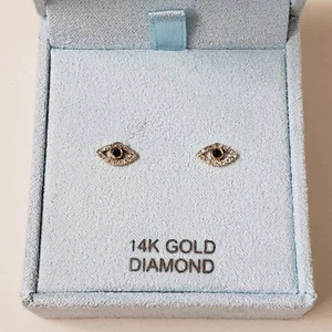 14K Yellow Gold 0.13 ctw Pave Diamond Petite Evil Eye Earrings - Picture 1 of 8