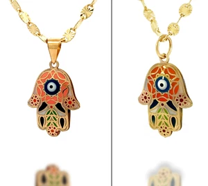 14K Solid Gold Pendant Necklace Hand-Painted Abstract Evil Eye in Hamsa Hand - Picture 1 of 19