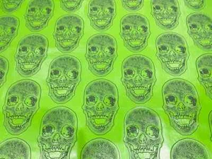 Skeleton Vinyl Fabric - Lime Green - Skull Skeleton Head Print Vinyl Fabric Yard - Picture 1 of 3